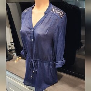 AB Studio Navy Blue Pullover Blouse with Crochet Shoulder Detail